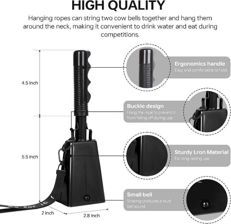 Mardili 10 Inch Cowbells with Handle, Cheering Bell Noice Maker for Sporting Events-Football Games, Stadiums, Chimes Percussion Musical Instruments Call Bell Alarm 2 Pack (Black) - Image 3